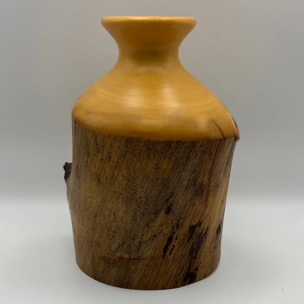 Vintage Wood Vase Hand Turned Natural with Bark Asymmetric Boho‎ 6